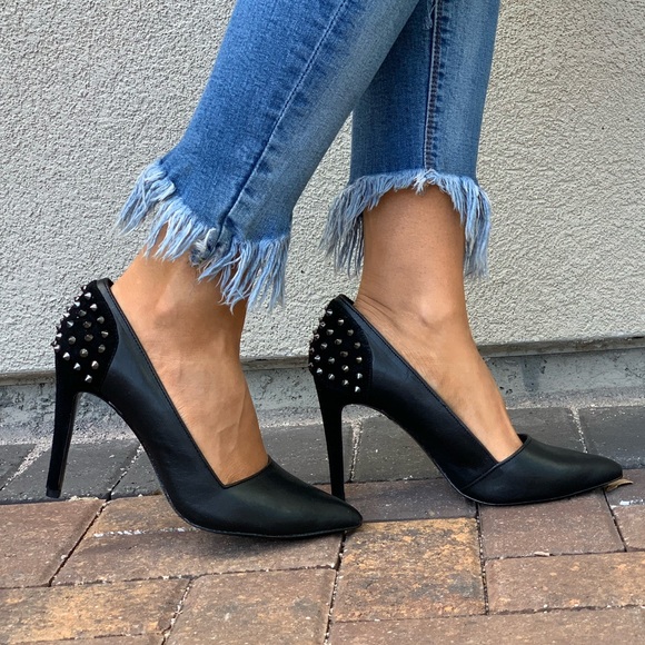 Black Leather Spike Heel Pointy Toe Stiletto Pumps - Picture 5 of 6